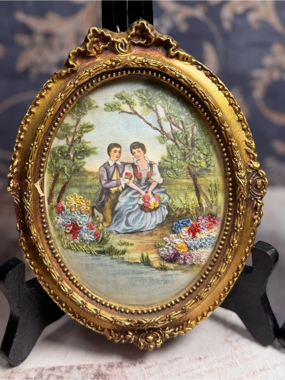 Vintage Courting Couple Silk Embroidery Convex Glass Wall Art Set 2
